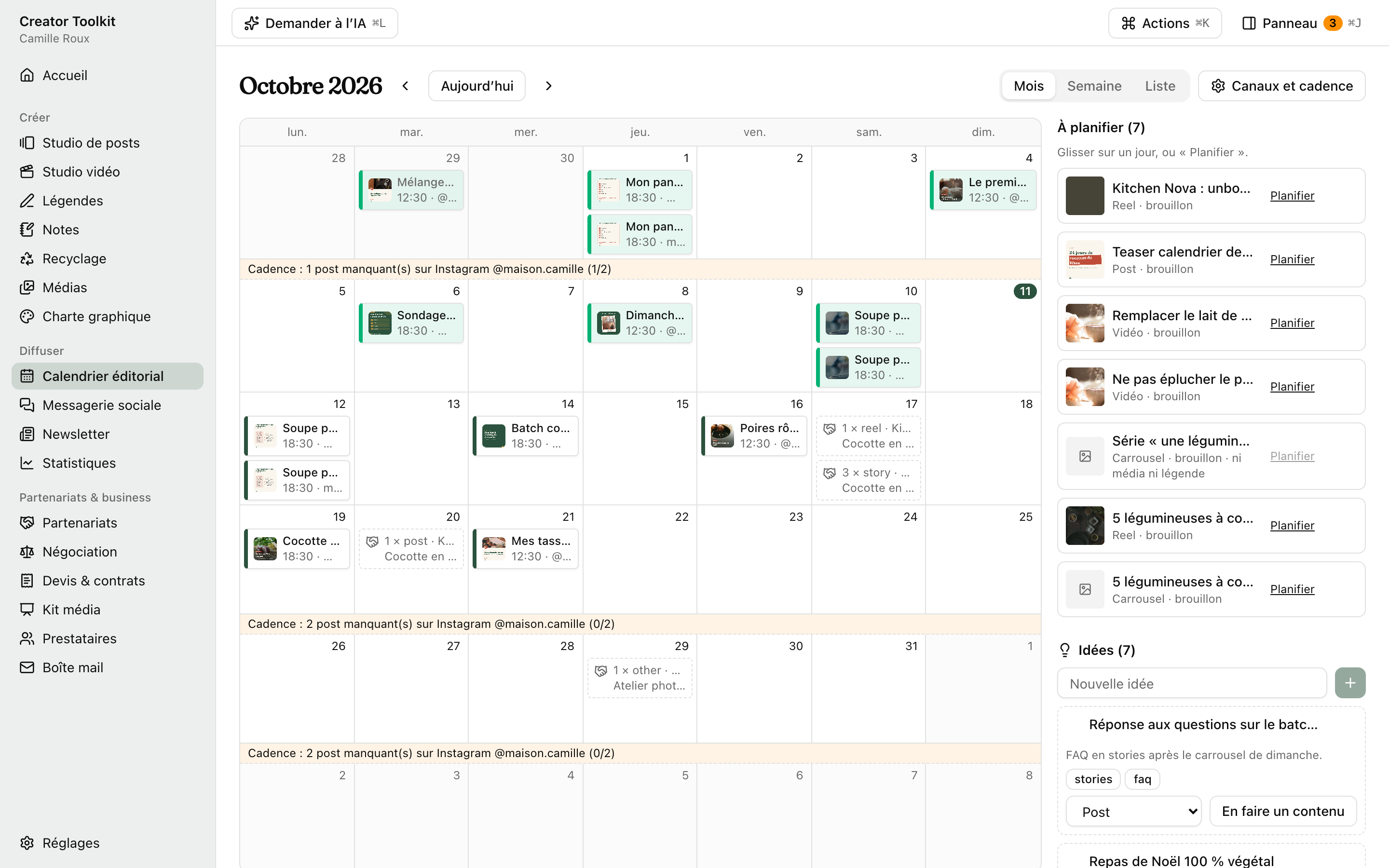Le calendrier éditorial : une semaine de contenus planifiés et de livrables de partenariats.